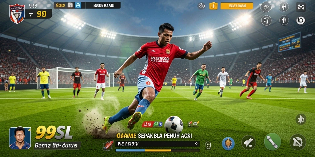 Gameplay 99SL menampilkan aksi sepak bola yang mendebarkan.