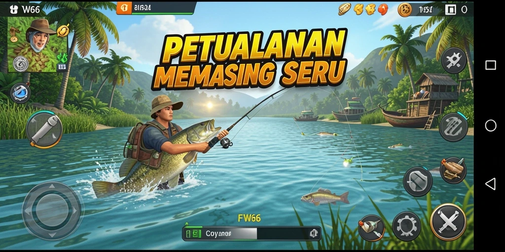 Screenshot gameplay FW66 dengan aksi memancing yang seru.