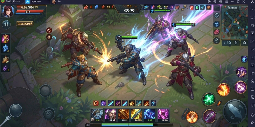 Screenshot GG999 menampilkan pertarungan epik antara tim di arena MOBA.