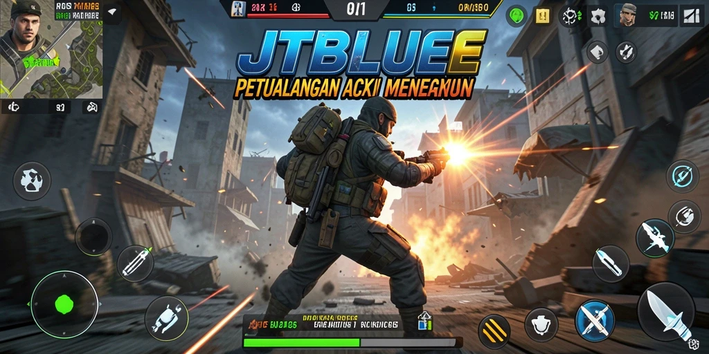 Screen gameplay JTBLUE menampilkan aksi bertempur yang intens.
