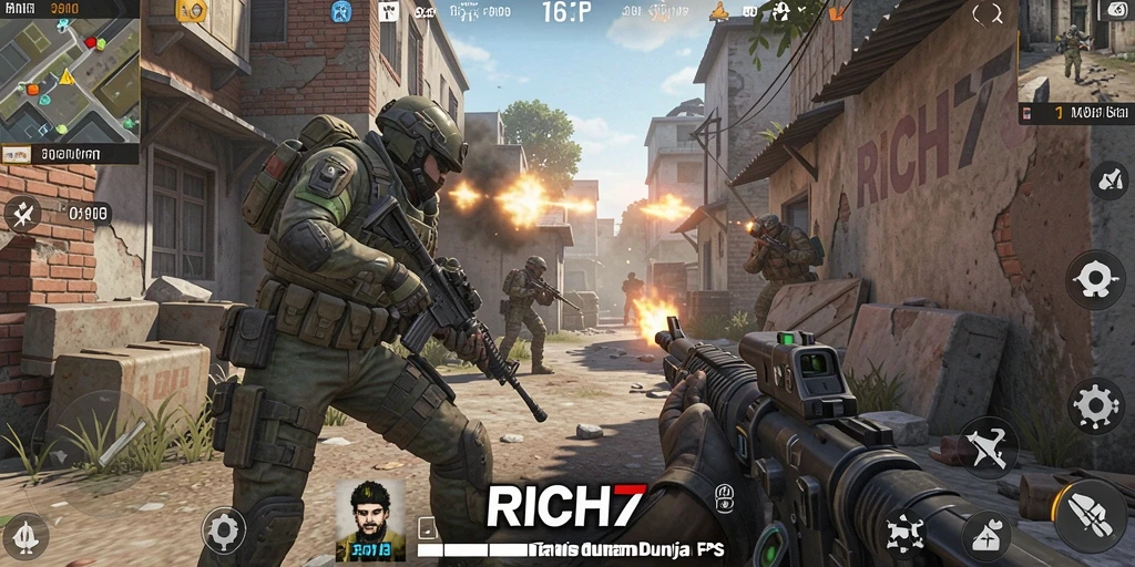 Screenshot RICH7 menampilkan pertempuran seru dalam mode FPS.