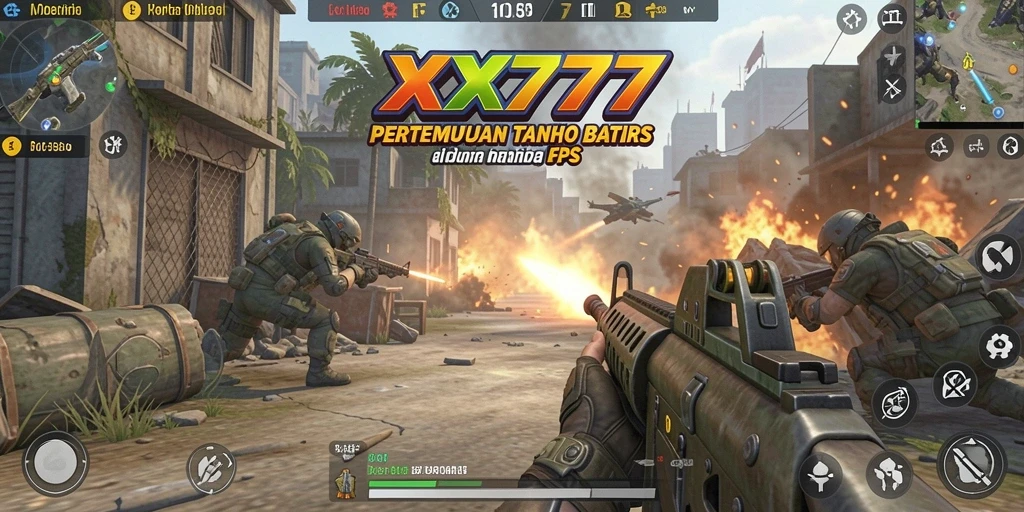 Screenshot menunjukkan aksi intens dalam gameplay FPS XXX777.